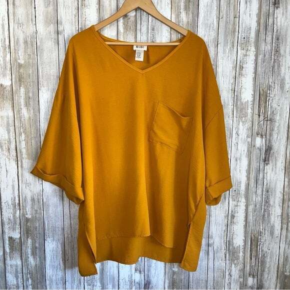 Bibi Tops - BiBi Mustard Oversized High Low Pocket Blouse